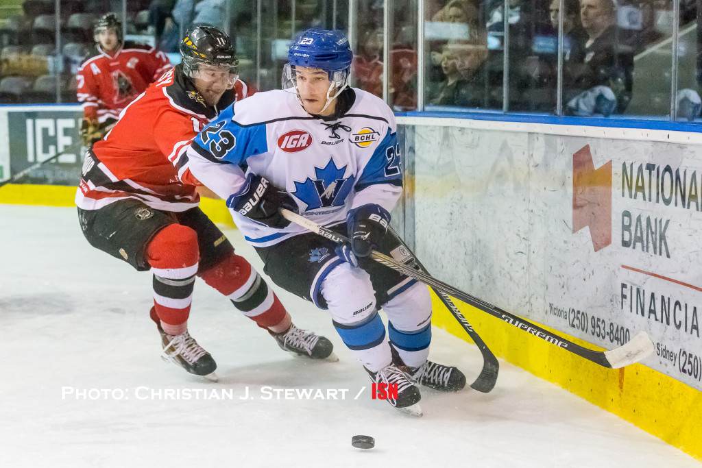 February 4, 2016, Victoria, BC - The Victoria Grizzlies host the Penticton Vees in a BC Hockey League (BCHL)  game Thursday at The Q Centre in Victoria.  The Vees would overcome a 5-1 Victoria lead and steal away a 7-5 victory.   All images (C) Christian J. Stewart Photography 2016 and may not be used without express written consent of the photographer.  Tel: 250-472-1699; E-Mail: cstewart@cjscons.com. Editorial use allowed with mandatory credit to Christian J. Stewart and Independent Sports News.
